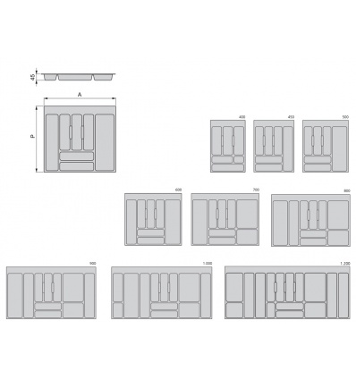 Cubertero para cajón de 70 cm de ancho con múltiples espacios hecho en  plástico gris Óptima